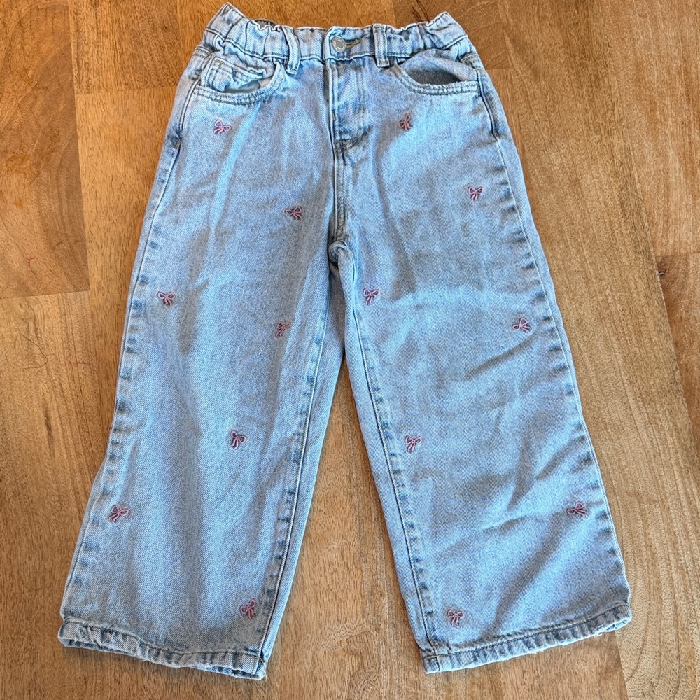 Zara Light Blue Denim Jeans with Pink Embroidered Bows